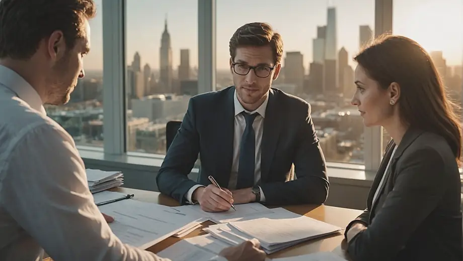 A customer engages in a discussion with a financial counselor on site, reviewing documents and discussing financial strategies in a professional office setting.