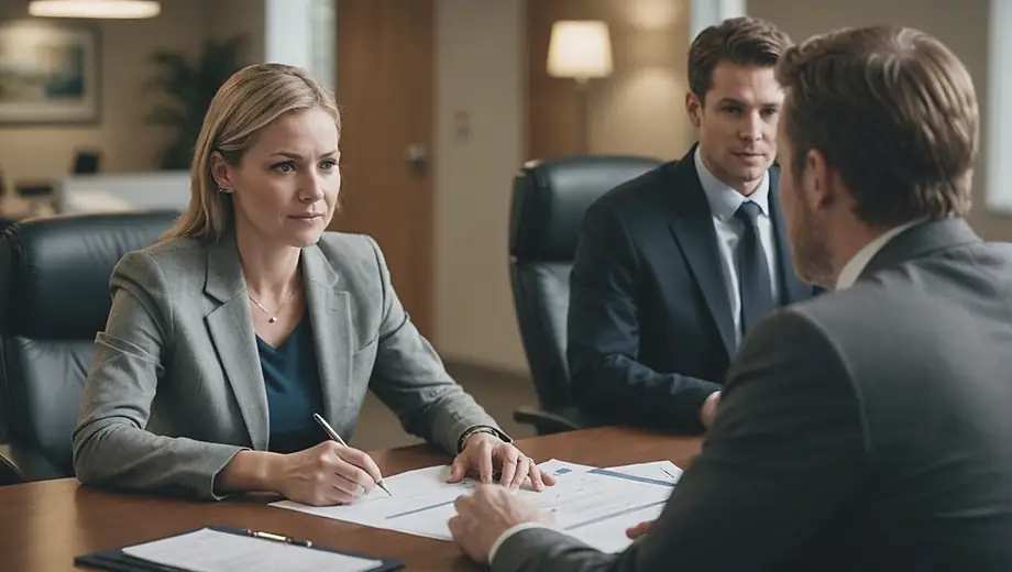 A customer and a professional from a Credit Union engage in a discussion at a desk, reviewing financial documents and options, with a welcoming office environment in the background.
