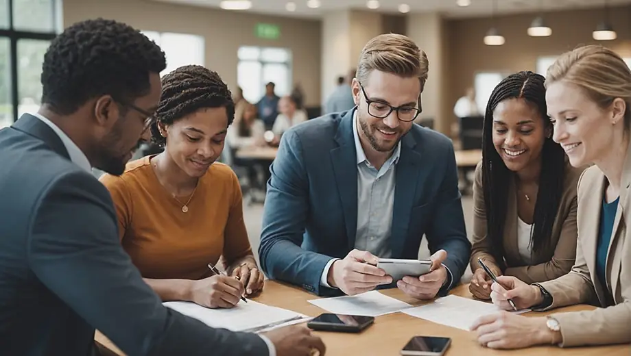 A diverse group of people engaging in discussions at a credit union bank, reviewing financial documents and using digital devices to manage their accounts.