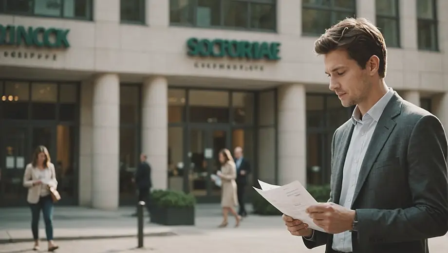 A person stands in front of a financial cooperative building, reviewing documents and engaging with clients in a welcoming environment.