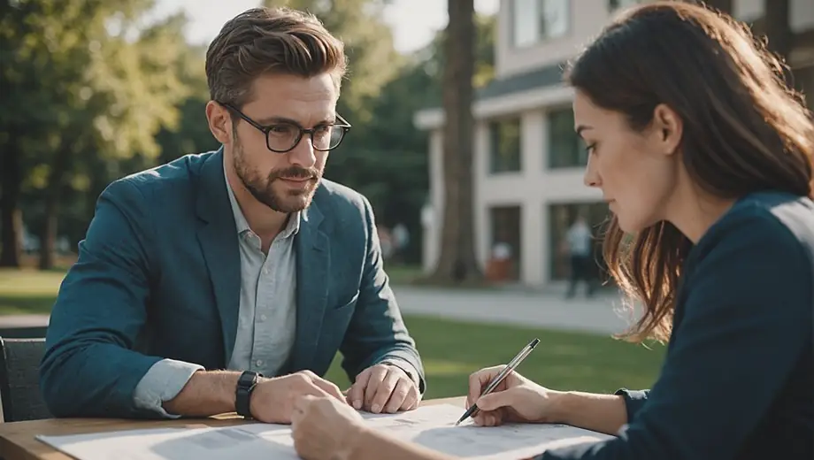 A customer and a professional discuss a crowdfunding project on site, reviewing plans and brainstorming ideas together.