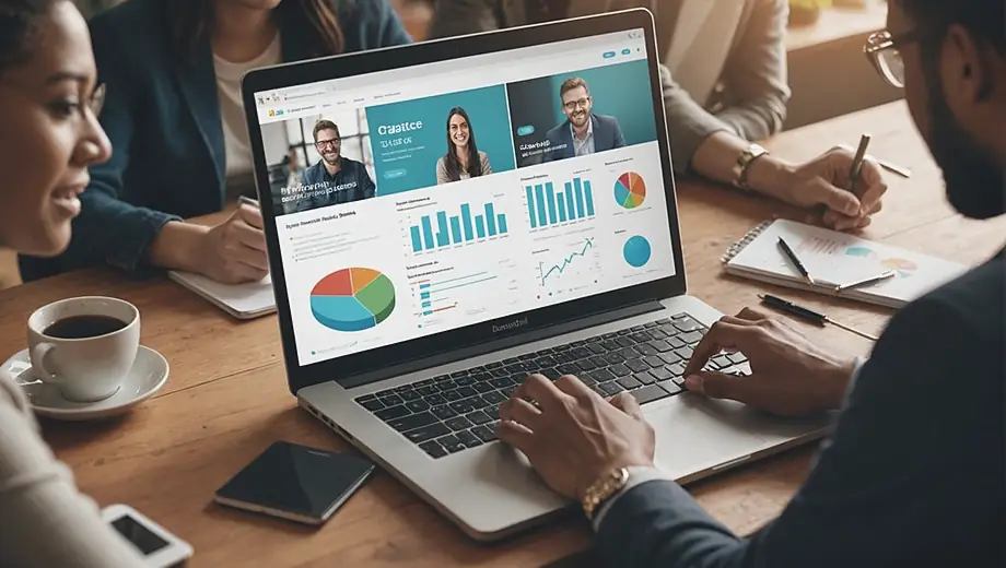 A diverse group of people gathered around a laptop, excitedly discussing their project on a crowdfunding platform, with charts and images displayed on the screen.