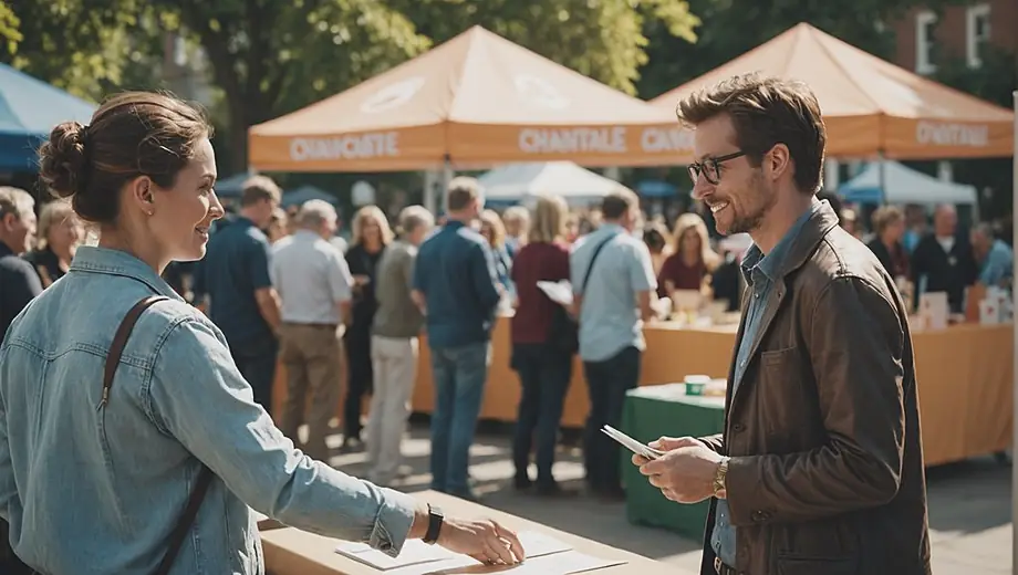 A person stands at a fundraising service booth, engaging with passersby and sharing information about upcoming charitable events.
