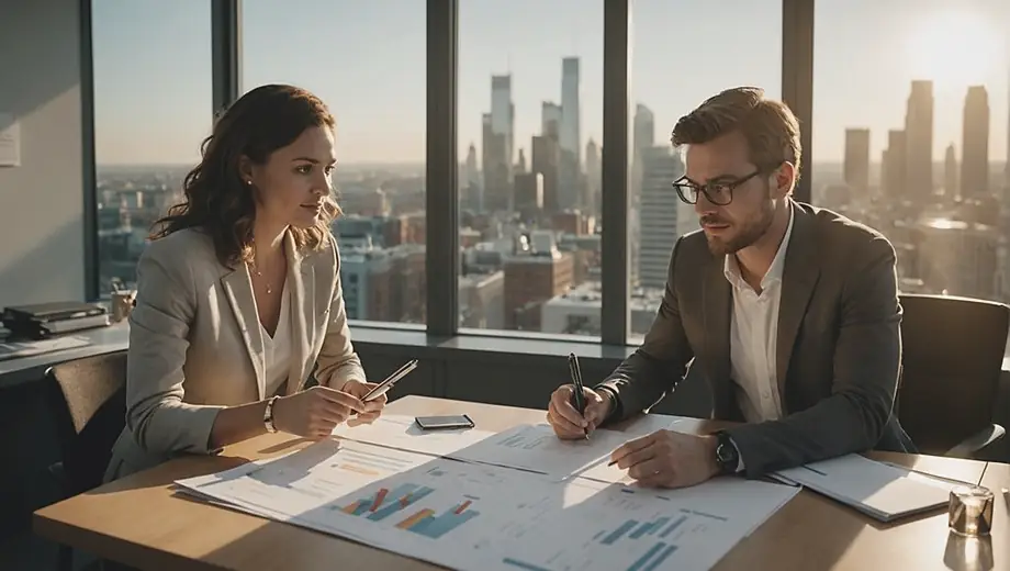 A customer and a professional discuss startup funding at a modern office space, with charts and financial documents spread out on a table between them.