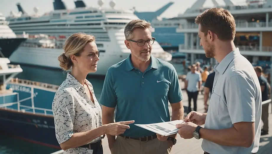 A customer and a professional discuss plans on-site at a cruise line terminal, surrounded by vibrant promotional materials and a backdrop of docked ships.