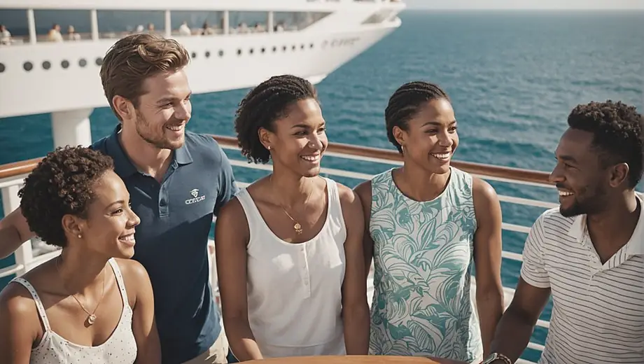 A diverse group of friends enjoying a sunny day on the deck of a cruise ship, smiling and taking in the ocean views, with the logo of a cruise company visible in the background.