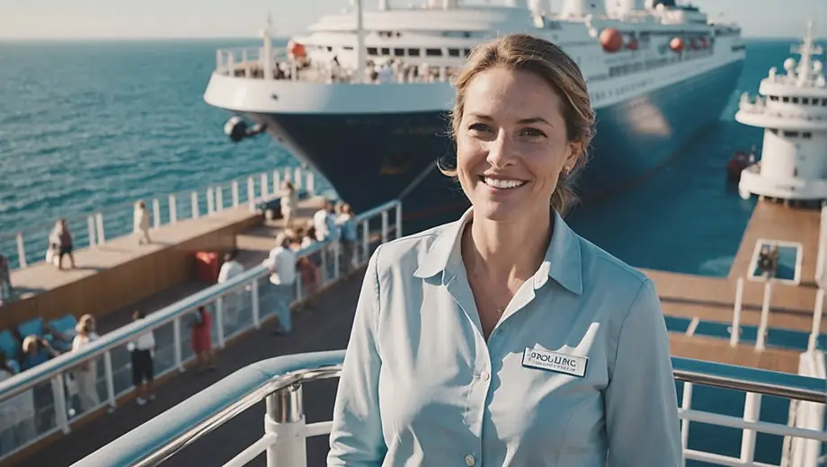 A cruise operator stands on the deck of a ship, smiling as they oversee the boarding process, with the ocean and a clear blue sky in the background.
