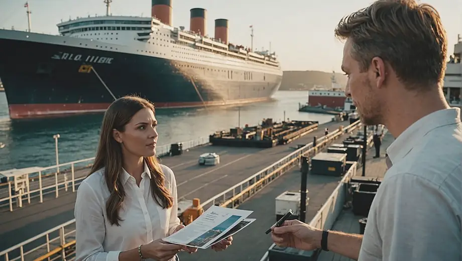A customer discusses project details with a professional on site, with a majestic ocean liner docked in the background, showcasing a blend of industry and maritime beauty.