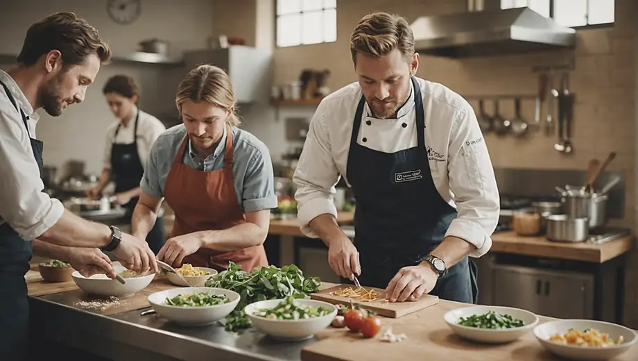 A customer and a professional chef engage in a hands-on cooking lesson at a Culinary School, surrounded by fresh ingredients and kitchen equipment.