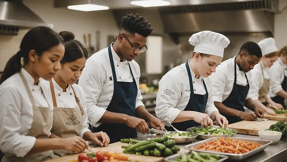 A diverse group of students in a culinary school actively engaged in hands-on cooking lessons, chopping vegetables and preparing dishes under the guidance of an instructor.
