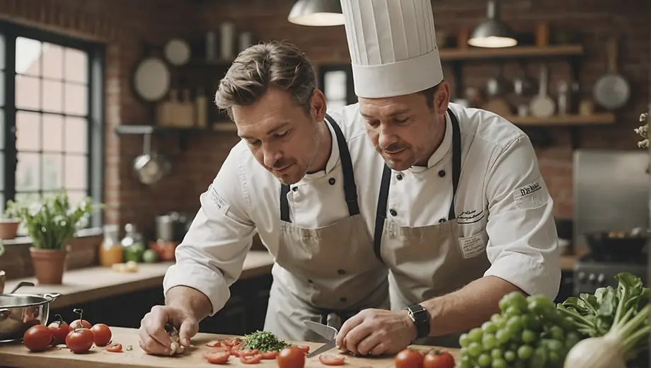 A chef in a cooking academy demonstrates a culinary technique, surrounded by fresh ingredients and cooking tools.