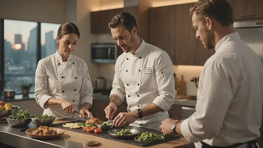 A customer observes a professional chef demonstrating techniques during a chef training session in a modern kitchen setting.