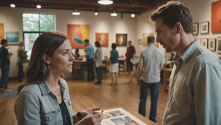 A customer and a professional engage in a discussion at the Cultural Center, surrounded by vibrant artwork and community resources, highlighting the center's role in fostering engagement and collaboration.