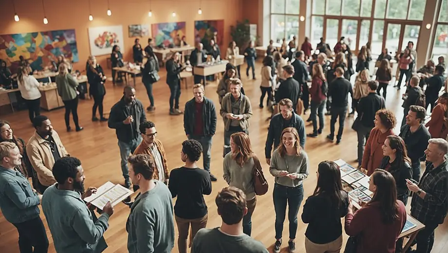 A diverse group of people engaging in activities at a vibrant cultural center, showcasing art, music, and community events.
