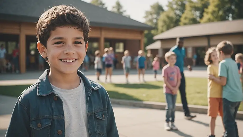 A person stands in front of a community center, smiling and engaging with a group of children playing nearby, showcasing a welcoming atmosphere.