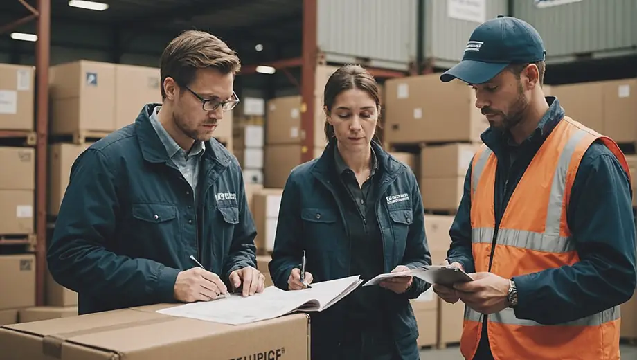 A customer and a customs brokerage professional discuss paperwork at a busy shipping warehouse, surrounded by crates and shipping containers.