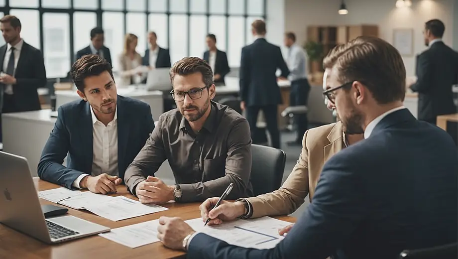 A diverse group of professionals collaborates at a desk, discussing logistics and paperwork, while a customs broker assists them in navigating international shipping regulations.