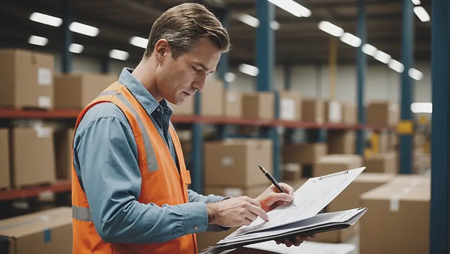 A professional reviewing trade compliance documents at a busy shipping facility.