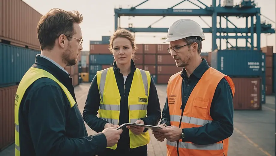 A customer and a professional discuss customs clearing procedures at a busy shipping dock, surrounded by containers and logistics equipment.