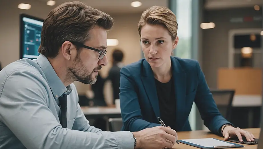 A customer and a cybersecurity professional engage in a discussion on-site, reviewing security protocols and strategies to enhance data protection.
