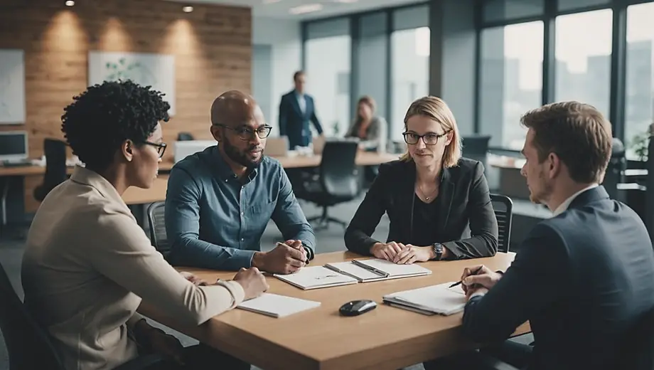 A diverse group of professionals collaborating in an office setting, discussing strategies and solutions for enhancing their cybersecurity service.