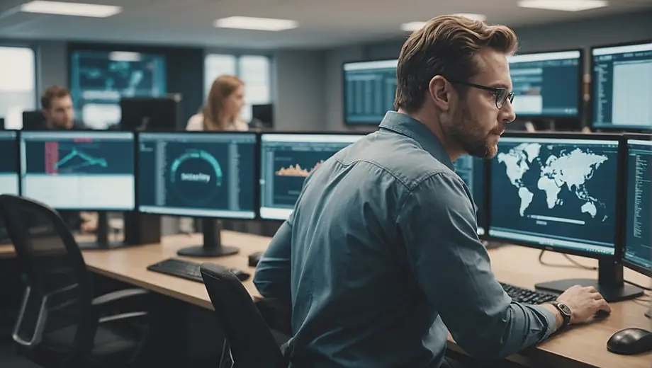 A focused IT security professional monitors multiple screens in a modern office, analyzing data and ensuring network safety.