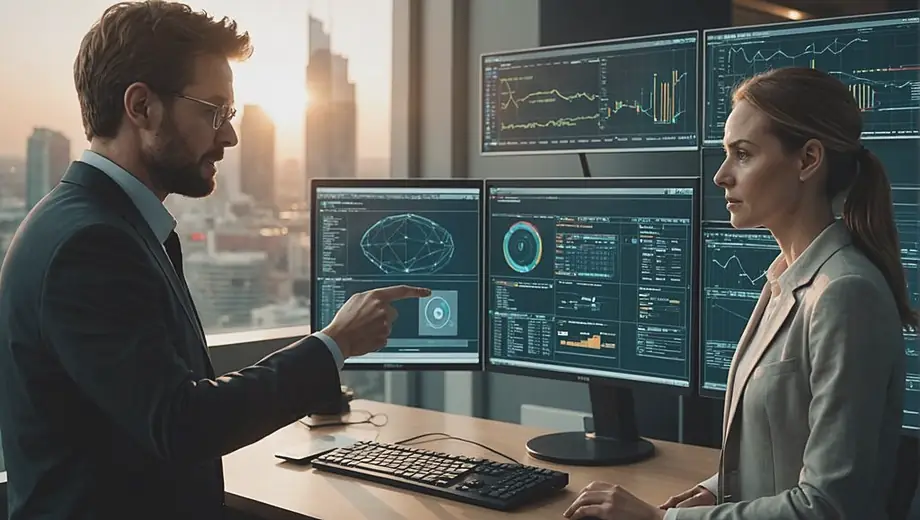 A customer and a professional discuss network security measures on-site, with the professional pointing to a computer screen displaying security protocols and data analytics.