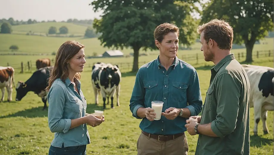 A customer and a professional discuss dairy products on-site at a farm, surrounded by lush green fields and grazing cows.