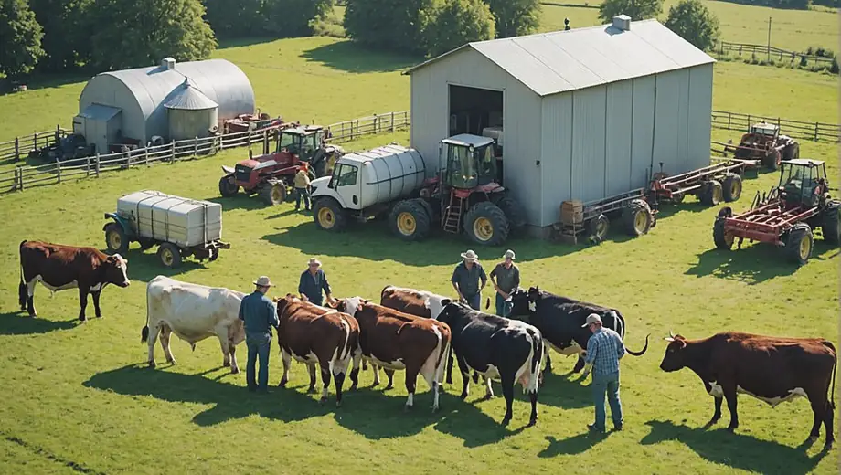 A group of farmers working together on a dairy farm, tending to cows and managing the milking process in a sunny, open field.