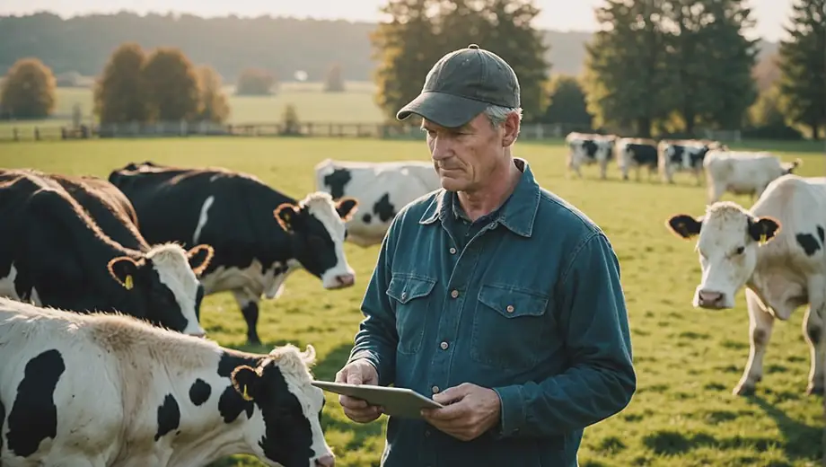 A farmer in a field checks the health of dairy cows, focusing on sustainable milk production practices.