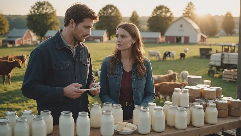 A customer and a professional discuss dairy products at a bustling farm, surrounded by fresh milk containers and cheese wheels.