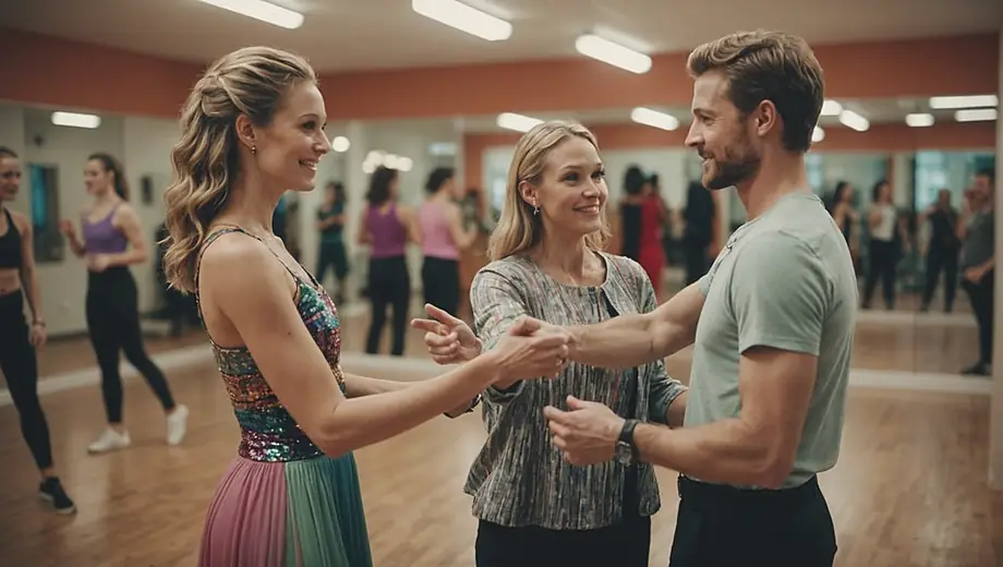 A customer and a professional instructor engage in a lively discussion at a dance studio, surrounded by mirrors and colorful dance attire, as they plan a new choreography.