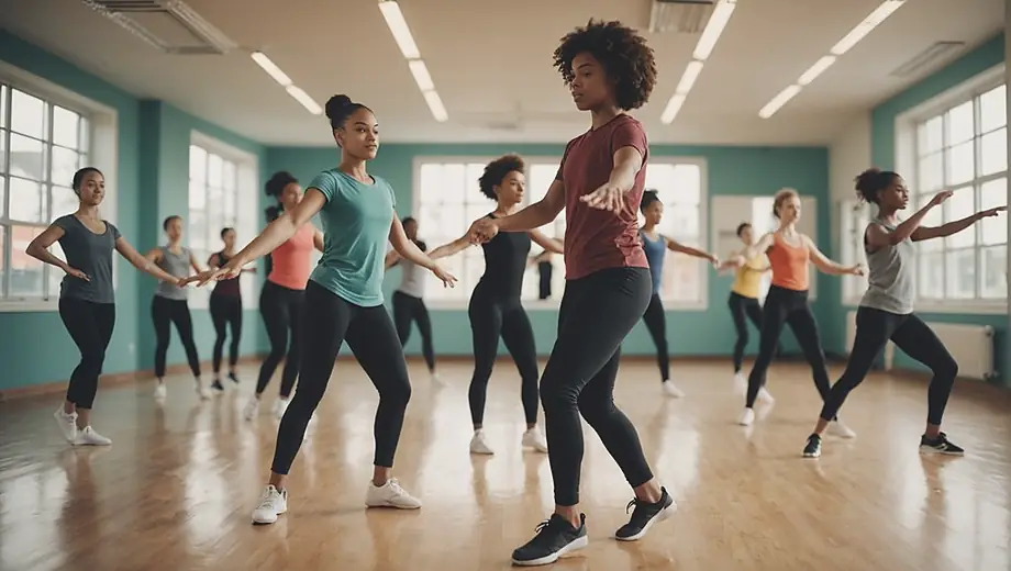 A diverse group of students practicing their dance routines in a bright, spacious dance school studio, with mirrors lining the walls and colorful dance mats on the floor.