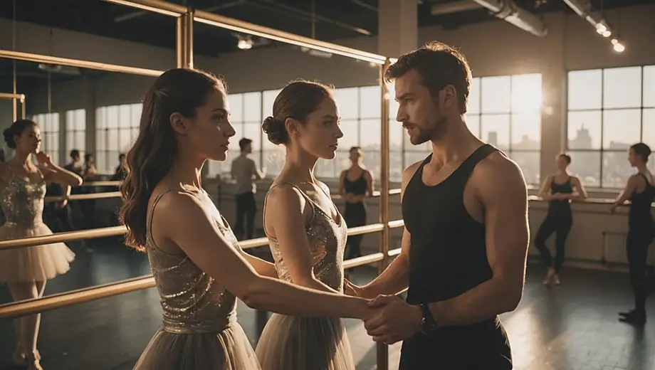 A customer and a professional collaborate in a performing arts studio, discussing choreography while surrounded by mirrors and ballet barres.