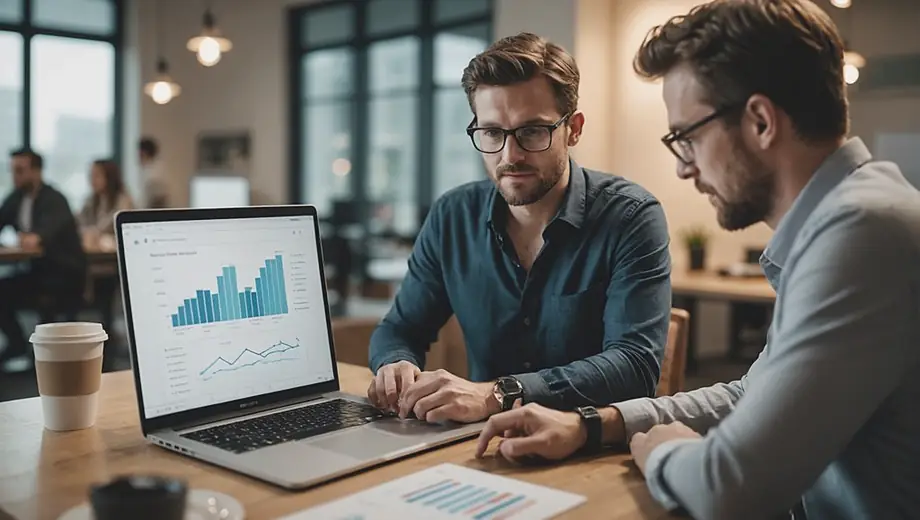 A customer and a professional collaborate on-site, discussing data science insights while analyzing charts and graphs displayed on a laptop.