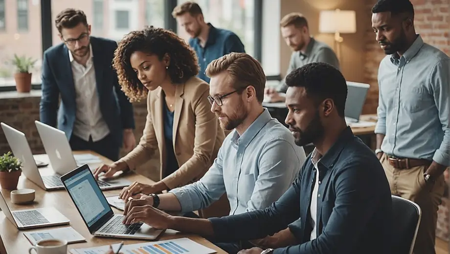 A diverse group of professionals collaborating over laptops and charts, analyzing data analytics to drive business decisions.