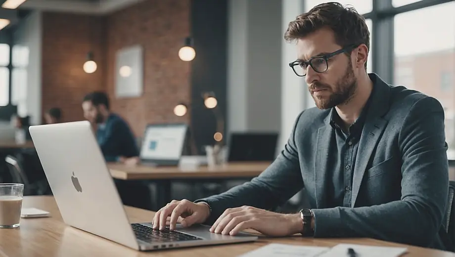 A data scientist analyzing trends on a laptop at a modern office space, showcasing the data science service in action.