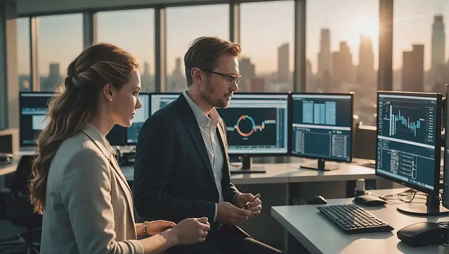 A customer and a professional discuss data processing solutions on-site, surrounded by computer equipment and digital displays.
