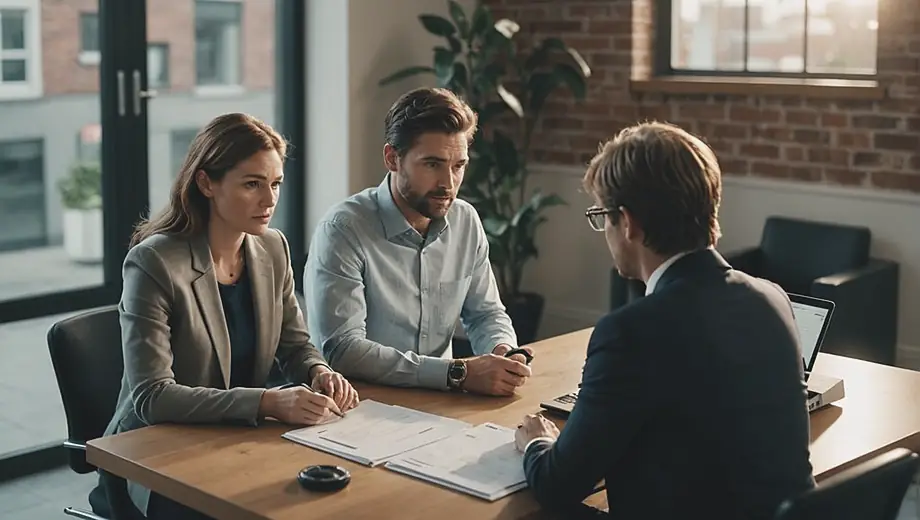 A customer and a professional engage in a discussion on site about debt collection, with documents and a laptop on the table, highlighting a collaborative approach to resolving financial issues.