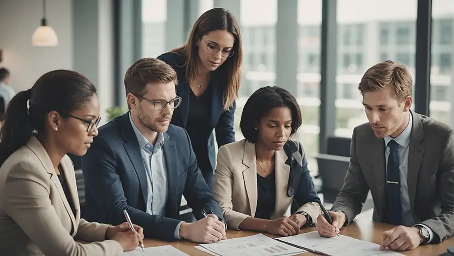 A diverse group of professionals in a modern office setting, discussing strategies and reviewing documents related to debt collection agency operations.