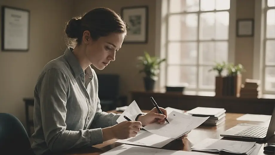 A focused individual stands at a desk, reviewing documents related to debt recovery, with a laptop and financial reports spread out in front of them.
