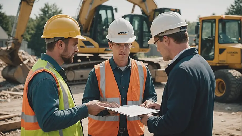 A customer and a professional discuss plans on-site for a demolition project, surrounded by construction equipment and debris.