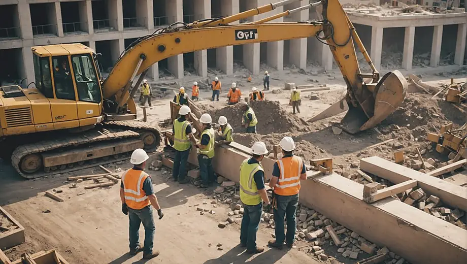 A team of construction workers operates heavy machinery at a demolition site, efficiently tearing down a building while wearing safety gear and coordinating their efforts.