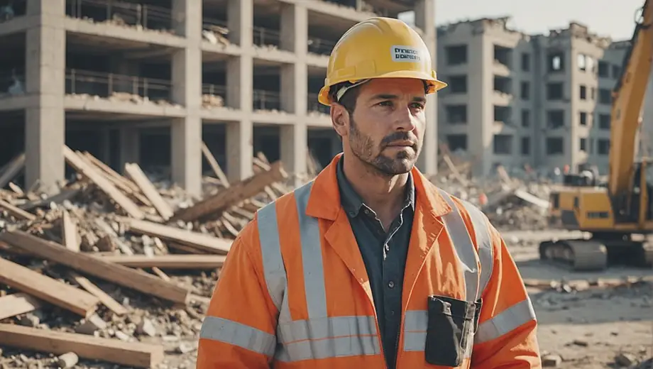 A construction worker in a hard hat stands on a job site, overseeing structural demolition as debris is cleared away.