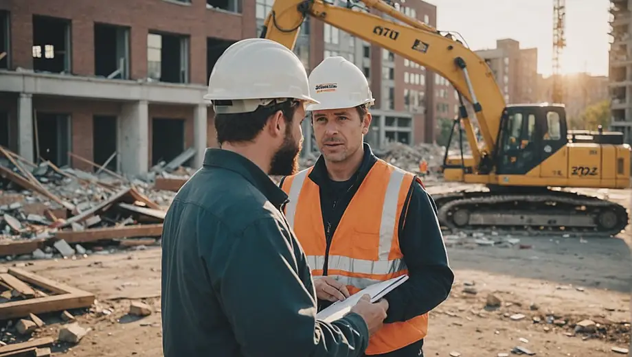 A customer discusses plans with a professional on-site during a building demolition, surrounded by construction equipment and debris.