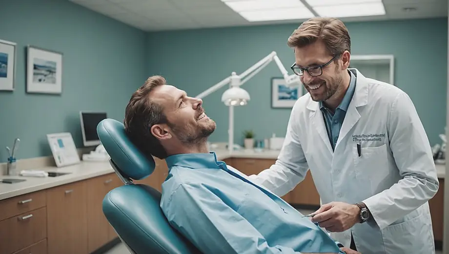 A customer consults with a dental professional on-site, discussing treatment options in a bright, welcoming clinic environment.