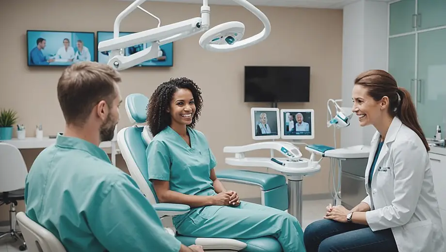 A diverse group of patients and dental professionals interacting in a modern dental clinic, showcasing friendly consultations and advanced dental equipment.