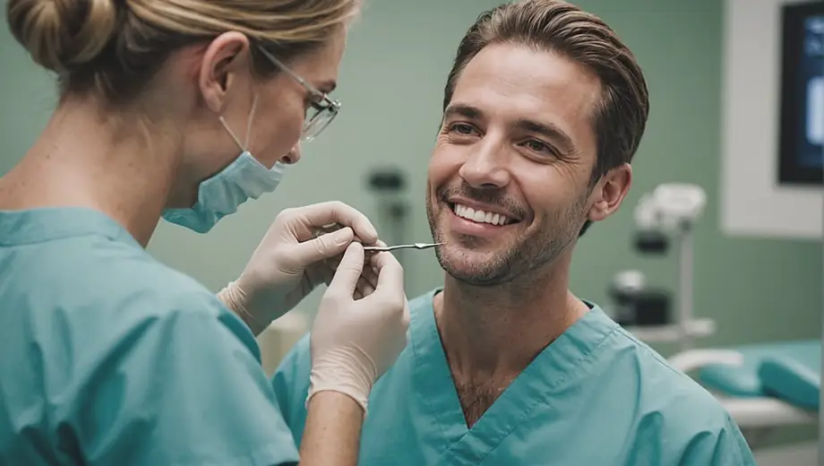 A dental professional in scrubs examines a patient's teeth in a modern clinic, showcasing a focus on dentistry.