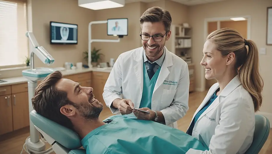 A dental practice scene showing a customer discussing treatment options with a professional dentist in a bright, welcoming office environment.