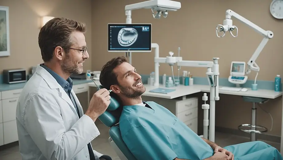 A customer and a professional engage in a discussion at a dentistry office, surrounded by dental equipment and a welcoming atmosphere. The professional is demonstrating a dental tool while the customer listens attentively, showcasing a collaborative approach to oral health care.